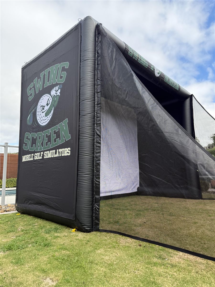 Side view of the Swing Screen enclosure showing the branded panel and safety netting